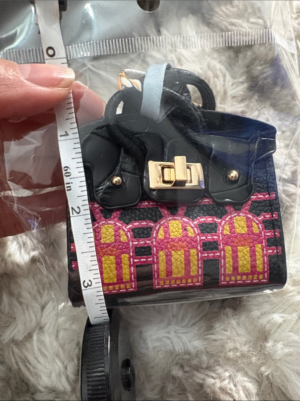 Black Mini Embroidered Tote Bag with Pink & Yellow Accents bag charm. - Picture 4 of 4